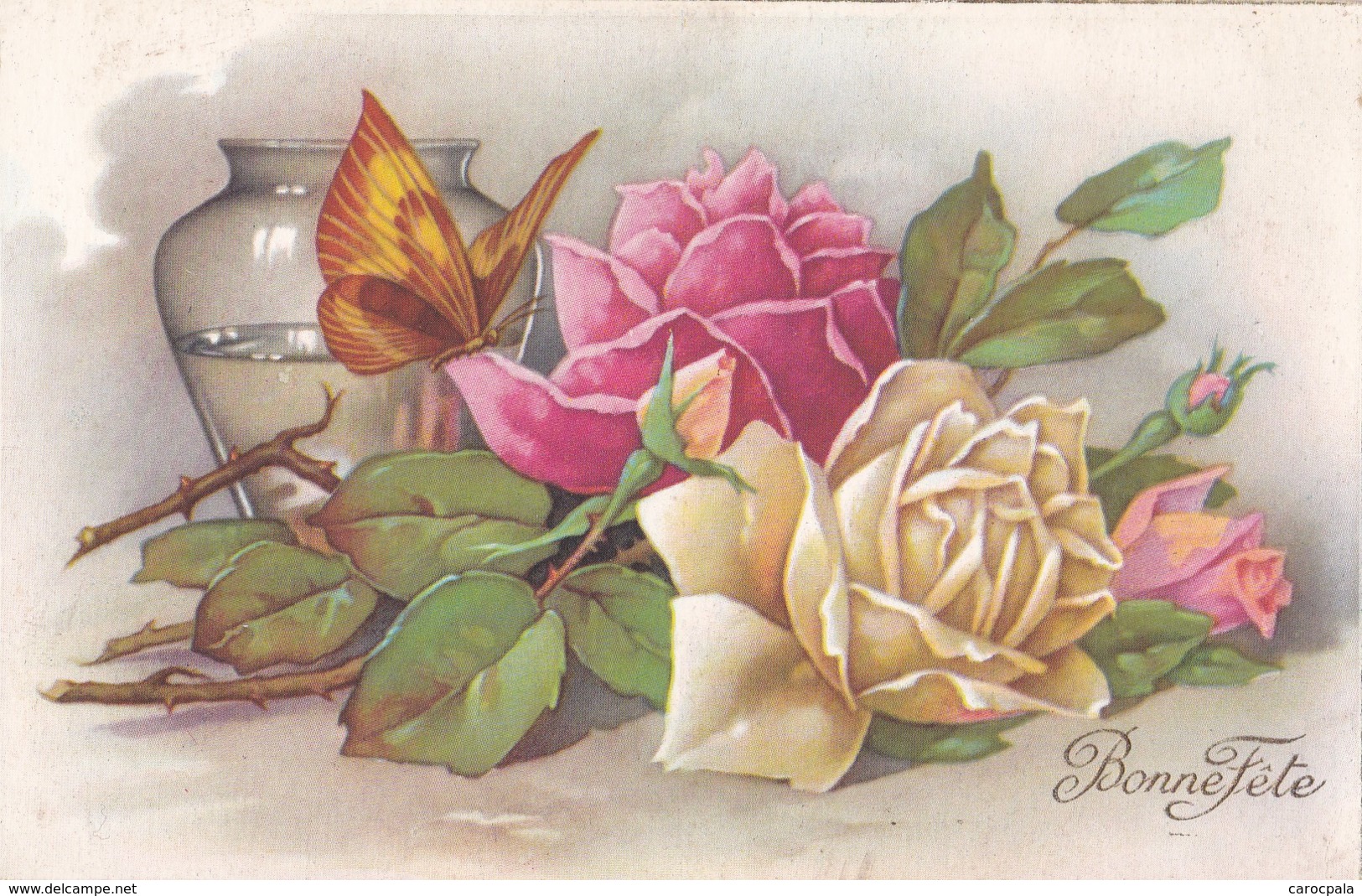 Cartes Vers 1940 Rose,roses,papillon , Bonne Fête - Papillons