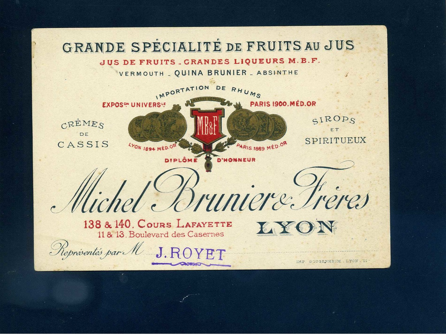 Carte De Visite Avis De Passage Michel Brunier § Frères Lyon Jus De Fruits Liqueurs Cassis Spiritueux - Visiting Cards