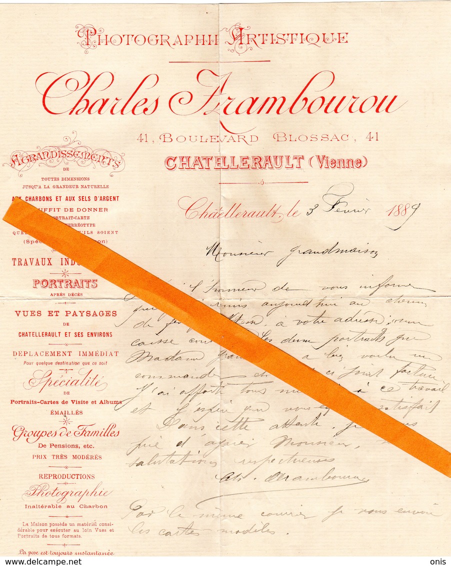 Chatellerault (86) Lettre De Charles ARAMBOUROU ; 1889 ,adressée à Mr Grandmaison - Chatellerault