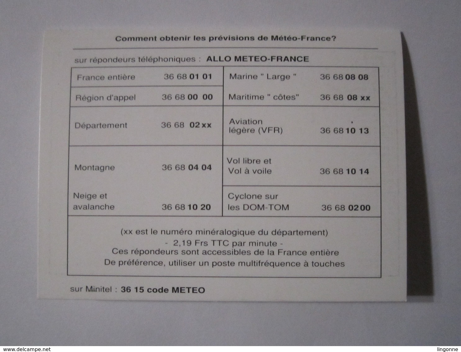 1993 PETIT CALENDRIER EN 2 VOLETS METEO FRANCE Sur MINITEL 3615 Code METEO - Petit Format : 1991-00