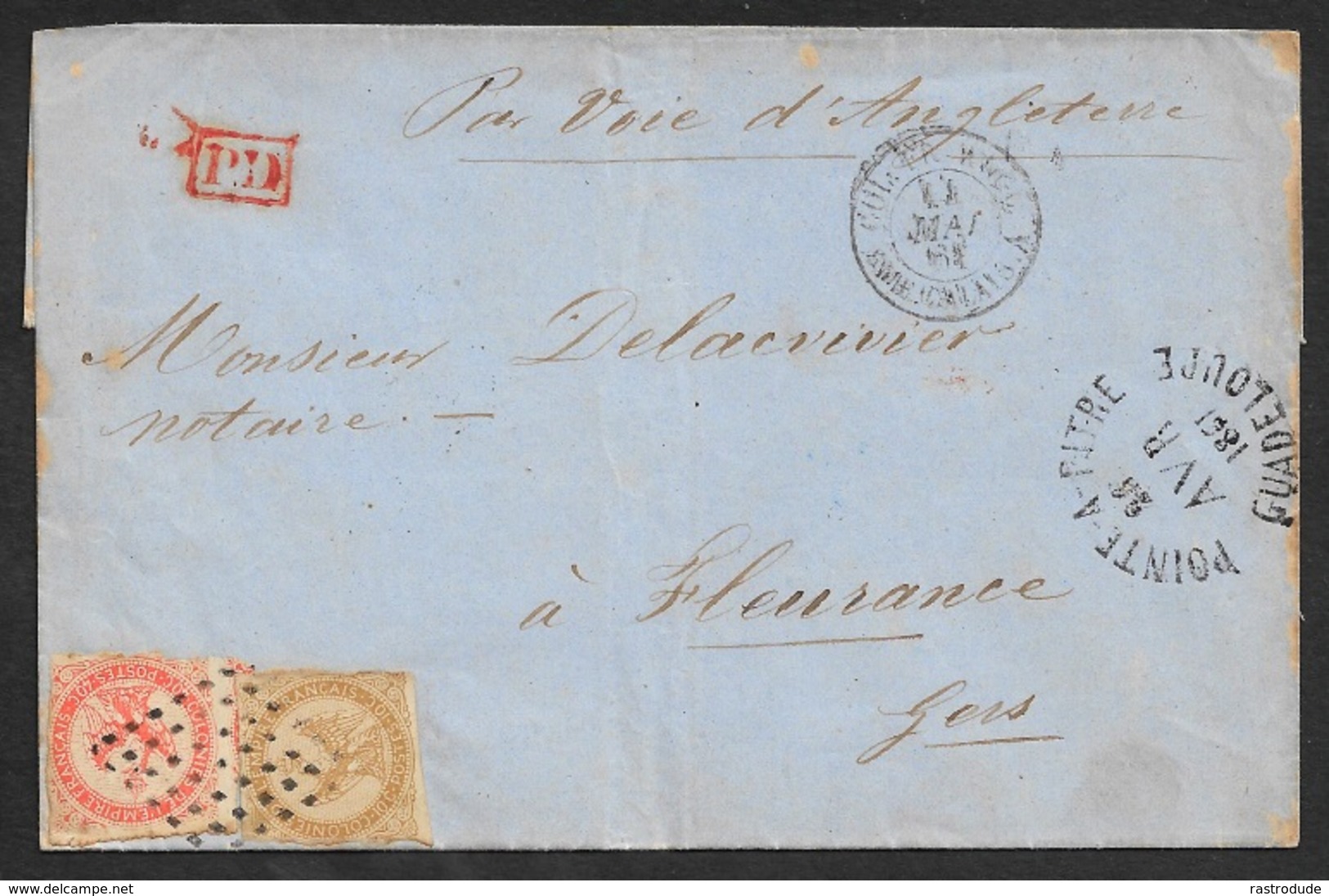 LSC - Colonies GUADELOUPE  1861 AIGLE 10c + 40c  ( Yv. 3 & 5 ) Sur Lettre De POINTE A PITRE Pour FLEURANCE ,FRANCE. - Aigle Impérial