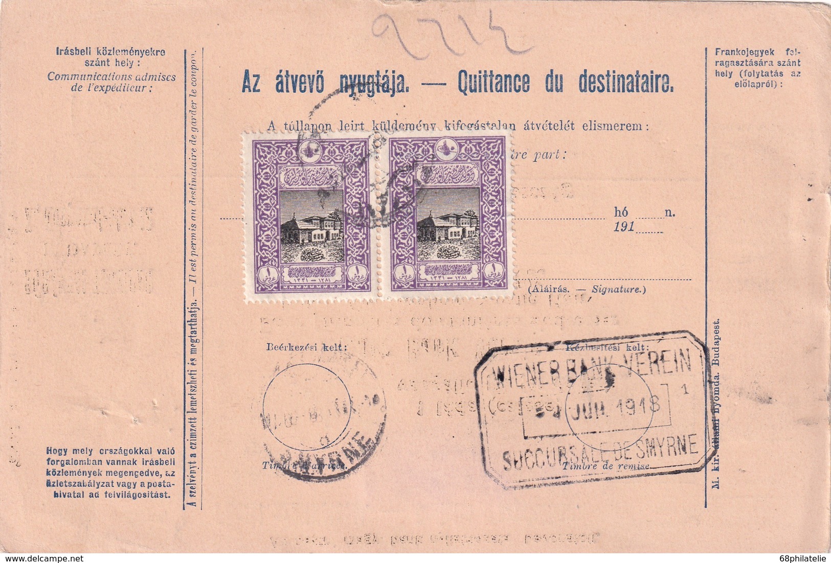 HONGRIE 1917    ENTIER POSTAL/GANZSACHE/POSTAL STATIONERY COLIS POSTAL DU BUDAPEST AVEC TIMBRES ARRIVEE SMYRNE - Lettres & Documents