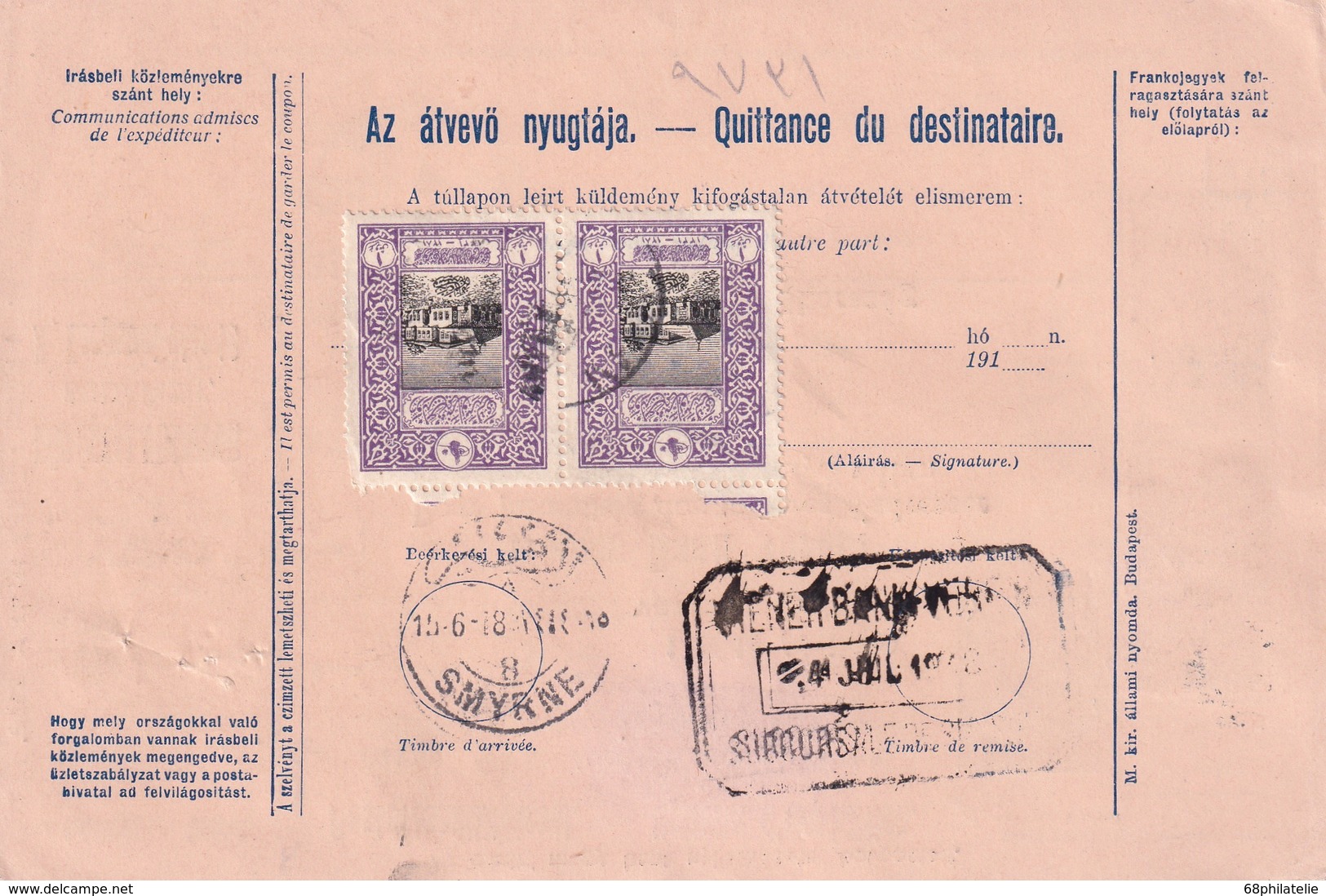 HONGRIE 1917    ENTIER POSTAL/GANZSACHE/POSTAL STATIONERY COLIS POSTAL DU BUDAPEST AVEC TIMBRES ARRIVEE SMYRNE - Lettres & Documents