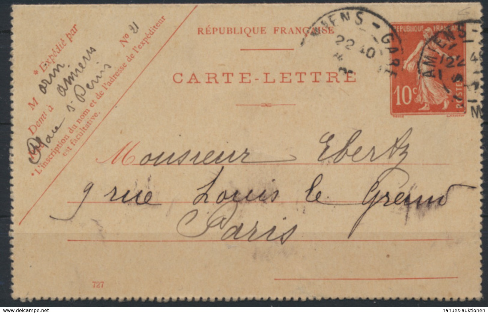 Frankreich Ganzsache Kartenbrief K 33 B 10c Rot 1907  - Autres & Non Classés