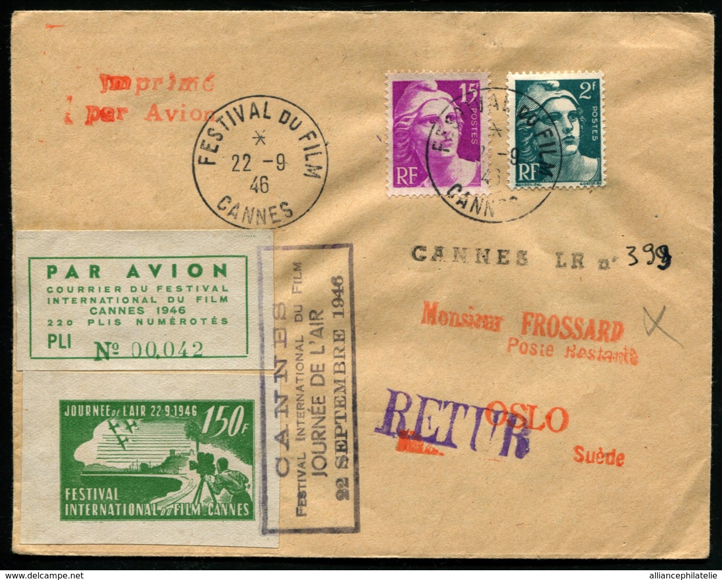 FRANCE - FESTIVAL DU FILM/CANNES 22/9/46 - Vignette Et C.S Par Avion Pour OSLO - TB - 1927-1959 Lettres & Documents