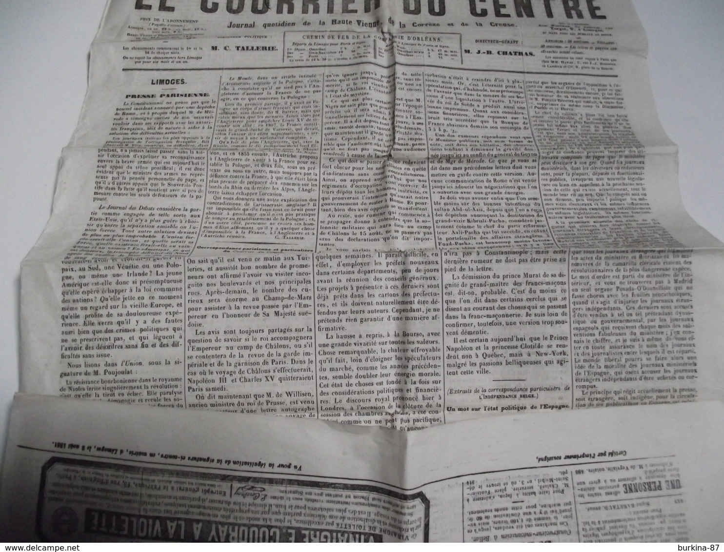 Le Courrier Du CENTRE,  8 AOÛT 1861, Journal Quotidien, Hte Vienne, Corrèze, Creuse - 1850 - 1899