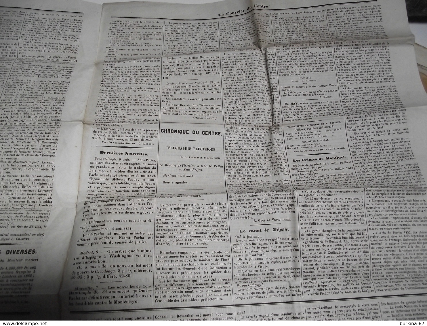 Le Courrier Du CENTRE,  8 AOÛT 1861, Journal Quotidien, Hte Vienne, Corrèze, Creuse - 1850 - 1899