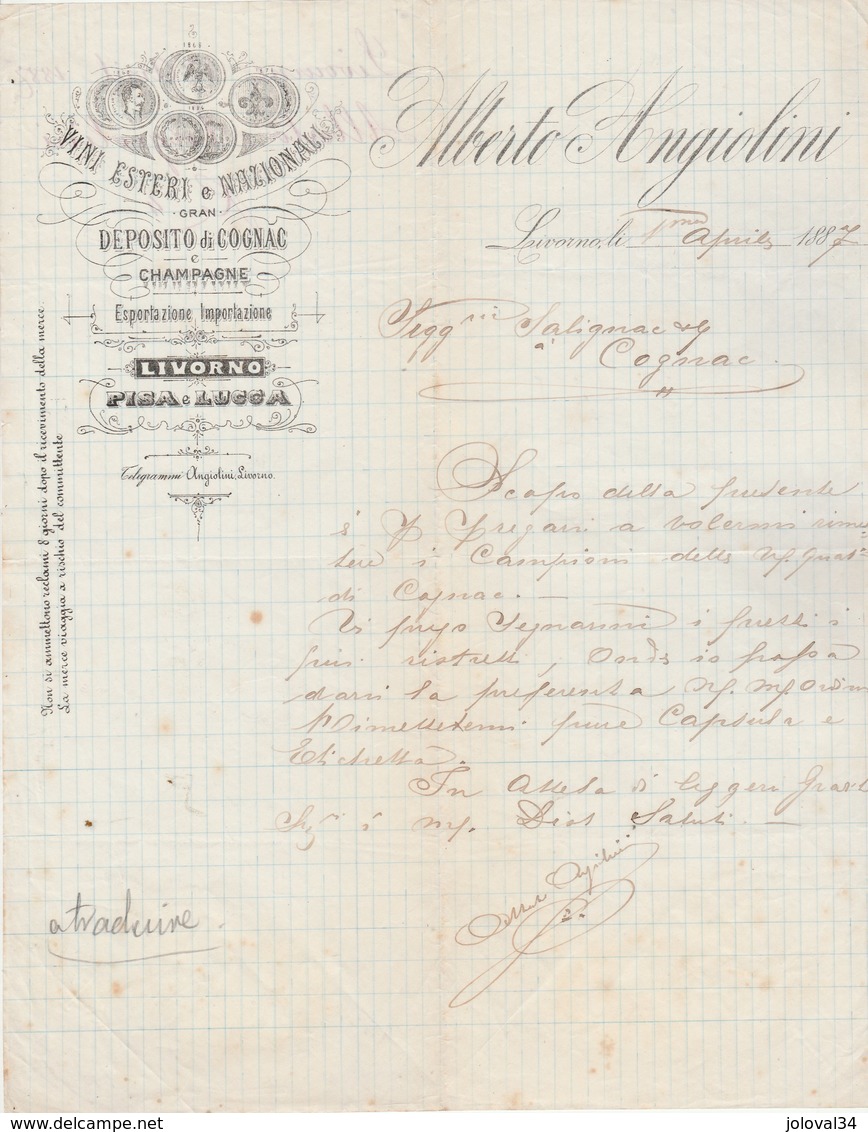 Italie Facture Lettre Illustrée 1/4/1887 Alberto ANGIOLINI Vini Cognac Champagne LIVORNO - Italie