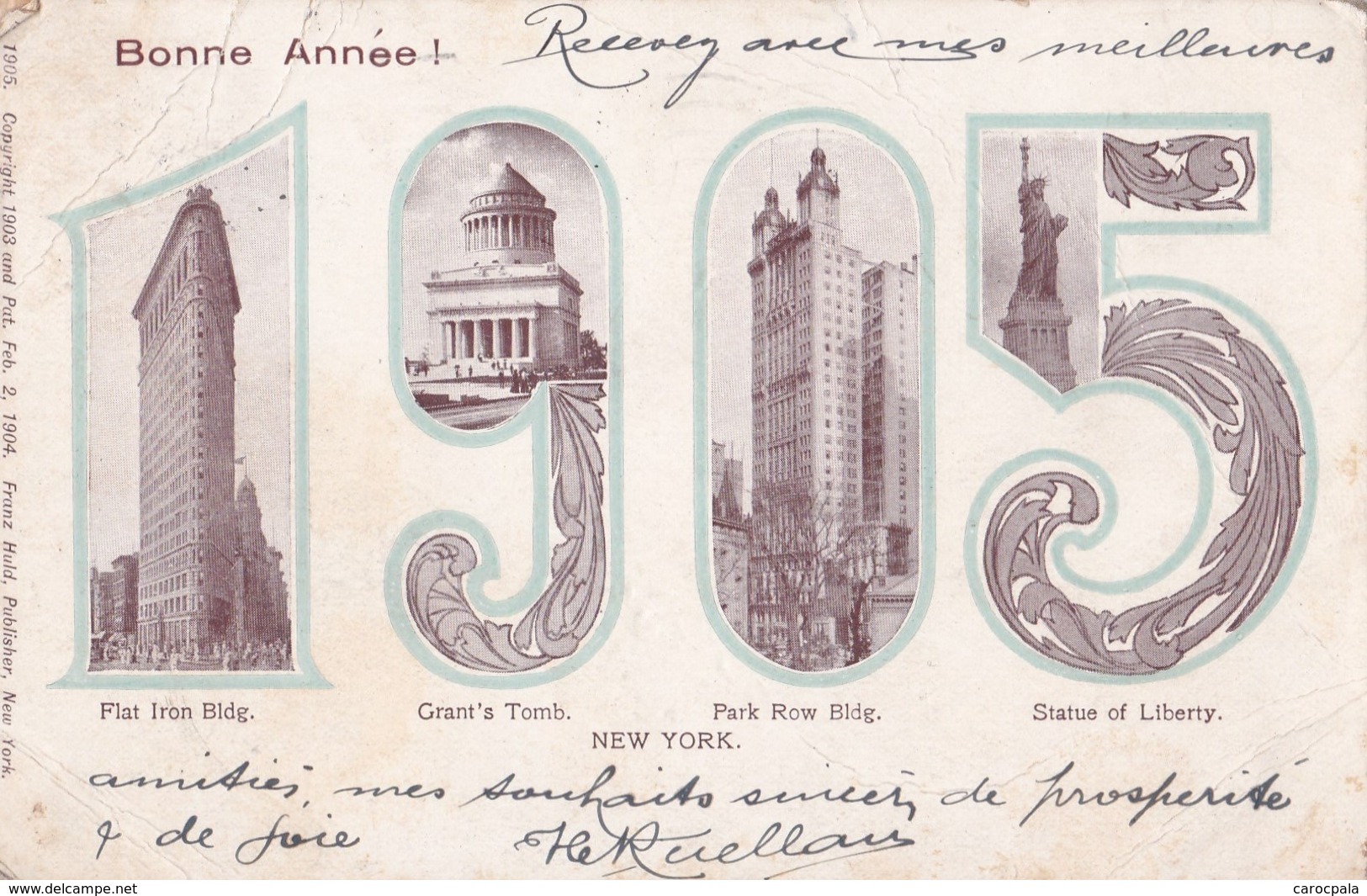 Carte 1905 Souvenir Bonne Année New York Multivues ,flatiron Building,statue,grant's Tomb,park Row Building - Autres & Non Classés