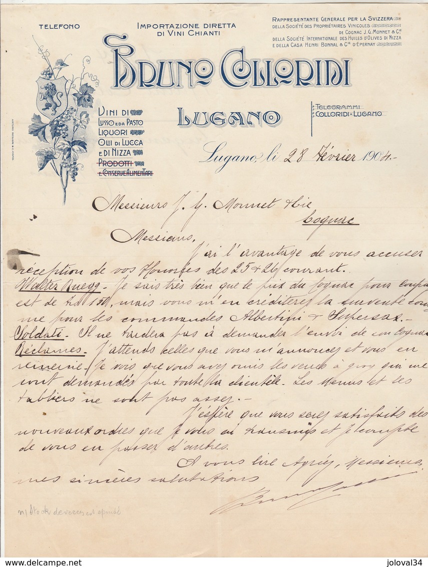 Italie Facture Lettre Illustrée 28/2/1904 BRUNO COLLORIDI Vini Chianti, Liquori Olli Di Lucca E Di Nizza  LUGANO - Italie