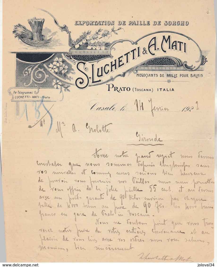 Italie Facture Lettre Illustrée 14/2/1922 S Luchetti & A Mati Paille De Sorgho Pour Balais  PRATO - - Italie