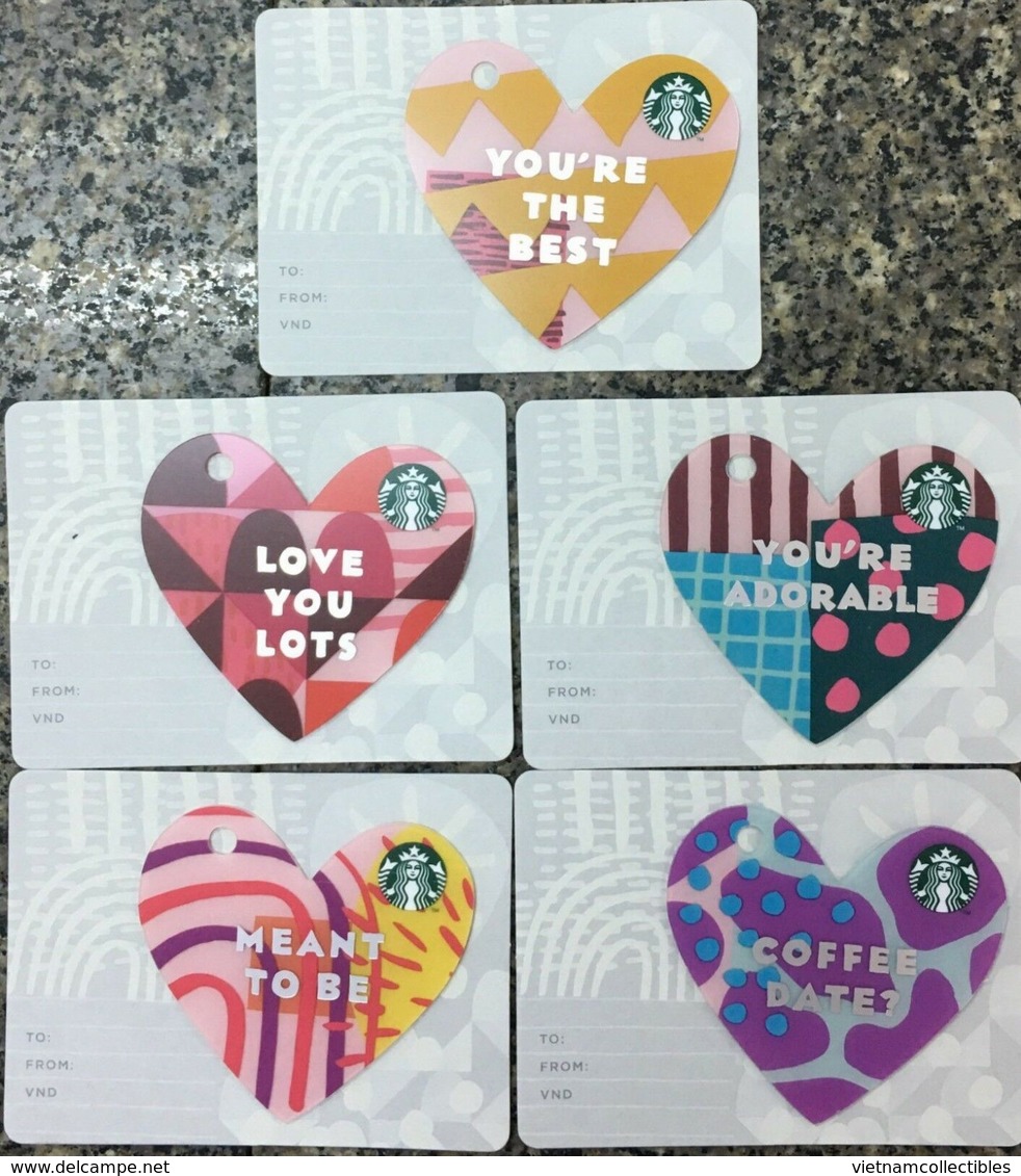 Set Of 5 Different Of Vietnam Viet Nam Starbucks Card Cards 2019 : VALENTINE  - LIMIT EDITION - Pin Intact - Cartes Cadeaux