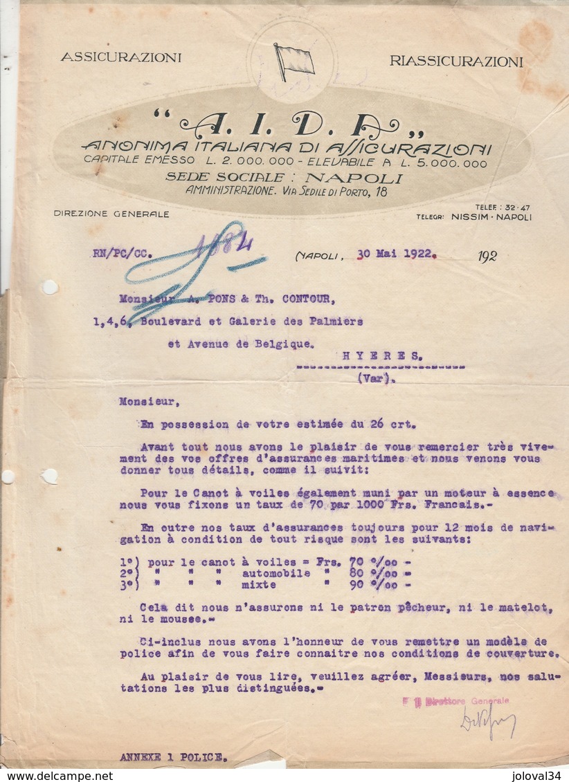 Italie Facture Lettre 30/5/1922  A I D A Assicurazioni NAPOLI Pour Hyères Var - Assurances Canot à Voile , Aurtomobile - Italie