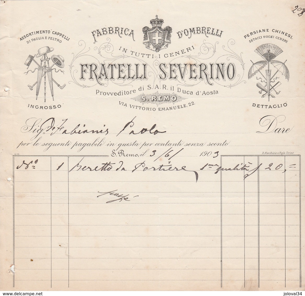 Italie Facture Illustrée 1903 FRATELLI SEVERINO Ombrelli Cappelli Persiane Chinesi S REMO Ombrelles Chapeaux éventails - Italie