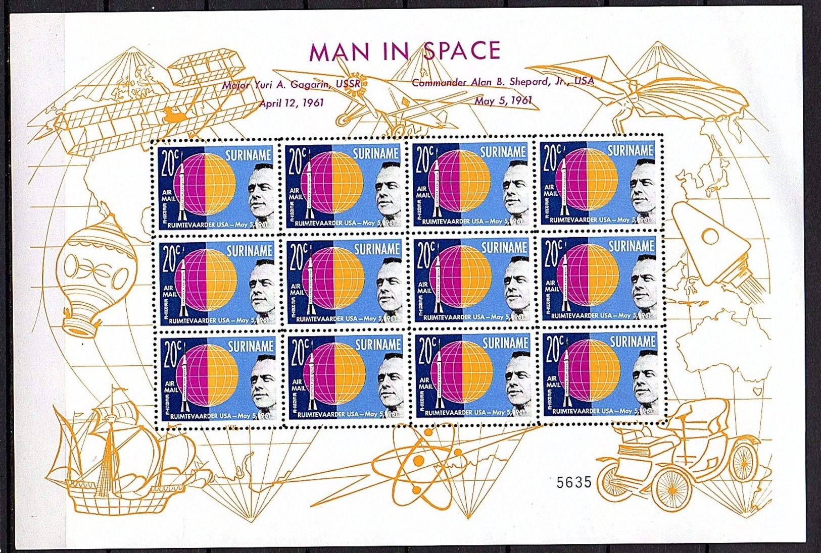 Man In Space 1961 Unfolded20 Cts Sheet MNH NO Perforation Through The Margins (157) - Suriname ... - 1975