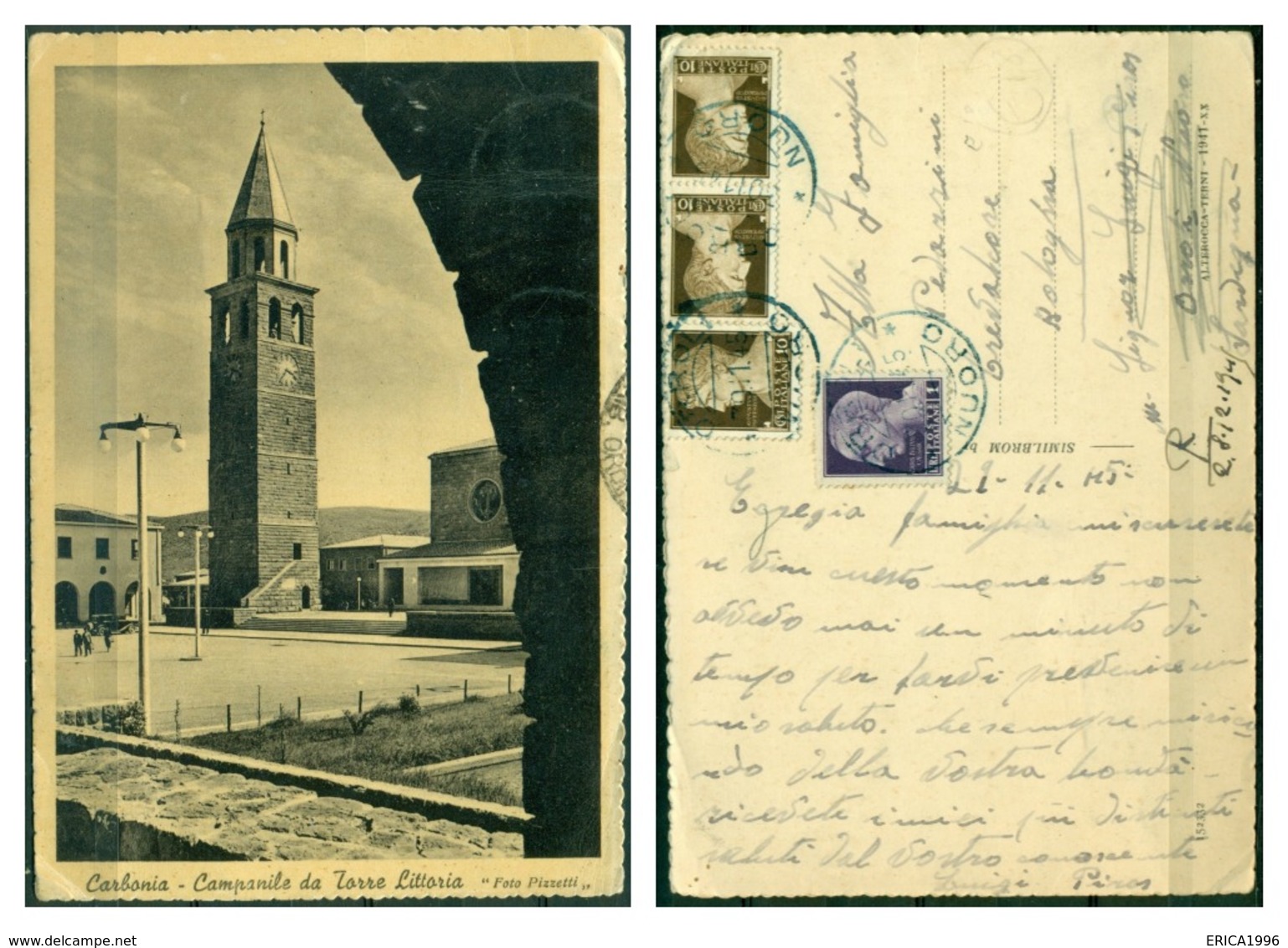 CARTOLINA - SARDEGNA - CV1442 CARBONIA (CI) Campanile Da Torre Littoria, FG, Viaggiata 1945, Ottime Condizioni - Carbonia