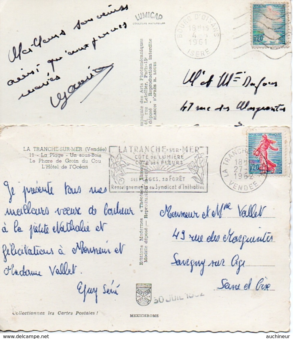 VARIETE Semeuse De Piel 1233 Sans Couleur Rose, Circulé Sur Carte 1961 Et Simple 1962 - Used Stamps