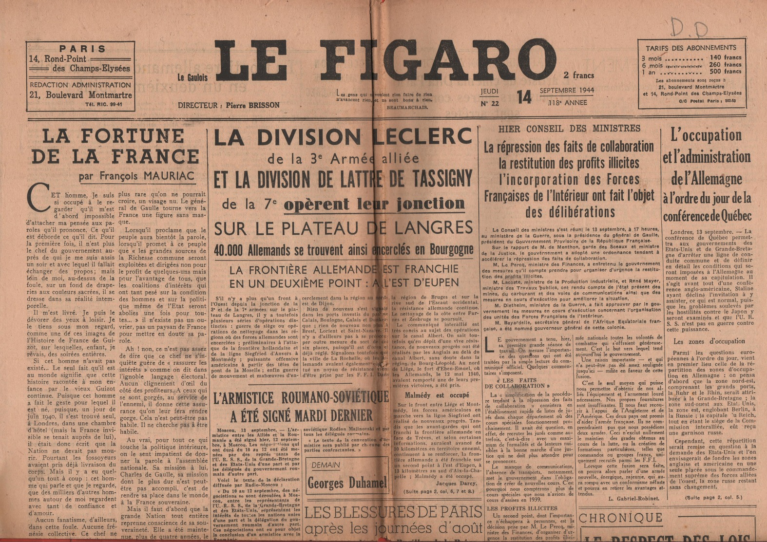 JOURNAL LE FIGARO - 14 SEPTEMBRE 1944 - LES DIVISIONS LECLERC ET DE LATTRE DE TASSIGNY OPÈRENT LEUR JONCTION - Autres & Non Classés