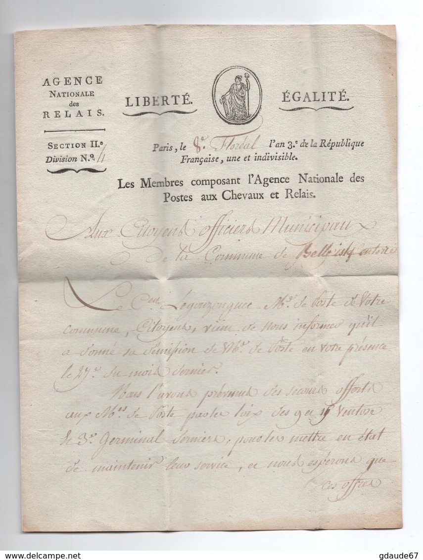 AN 3 - LETTRE De L'AGENCE NATIONALE DES POSTES AUX CHEVAUX ET RELAIS Pour BELLE ISLE EN TERRE (COTES D'ARMOR) - 1701-1800: Précurseurs XVIII