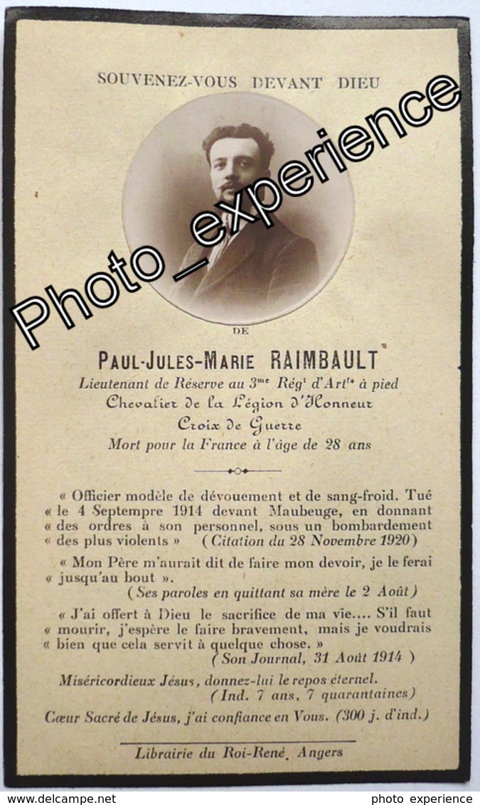 Faire Part Décès Photo Guerre 14-18 Militaire Régiment Artillerie Deathcard WW1 MAUBEUGE Nord 59 France - Décès