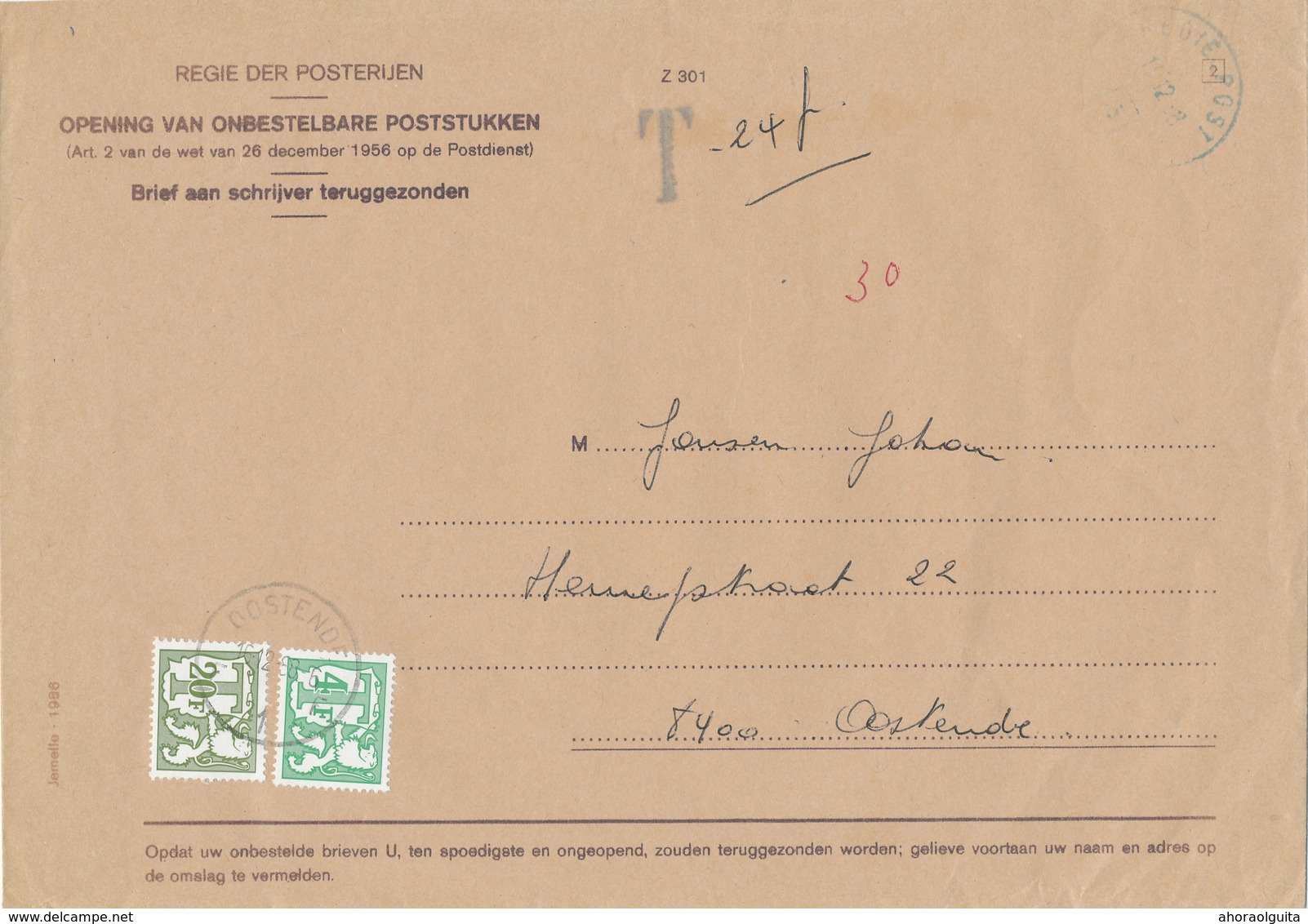435/28 - Enveloppe Des REBUTS Regie Post 1988 Vers OOSTENDE - Taxée 24 F Par 2 Timbres-Taxe - T Bleu - Post-Faltblätter