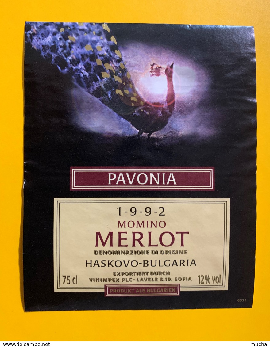 9748 - Momino Merlot 1992 Pavonia Bulgarie Paon - Autres & Non Classés