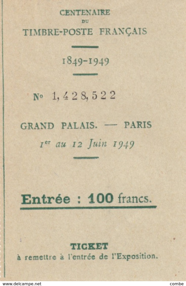 CENTENAIRE DU TIMBRE POSTE FRANCAIS PARIS GRAND PALAIS 1949 - Erinnophilie