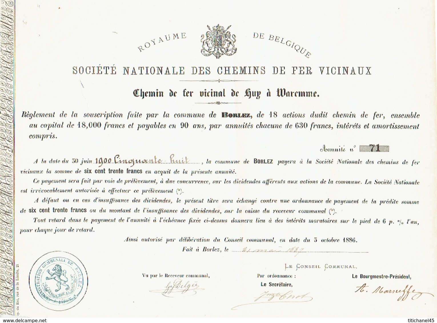 Action Souscrite En 1886 Par La Commune De BORLEZ Pour Le CHEMIN DE FER VICINAL DE HUY à WAREMME - Chemin De Fer & Tramway