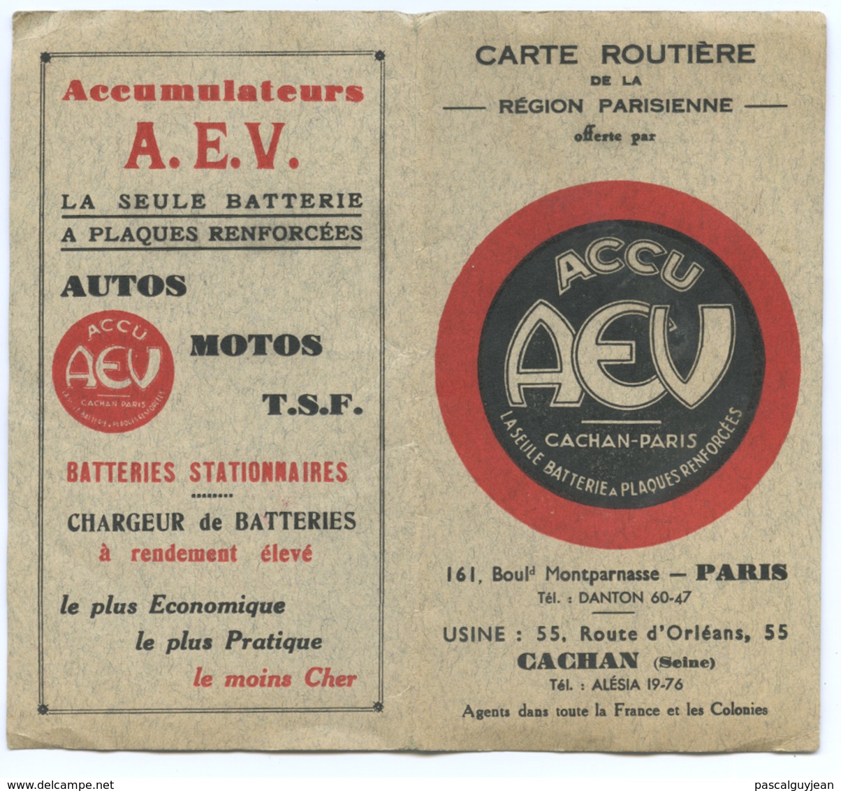 CARTE ROUTIERE DE LA REGION PARISIENNE - PUBLICITE ACCU AEV - Cartes Routières