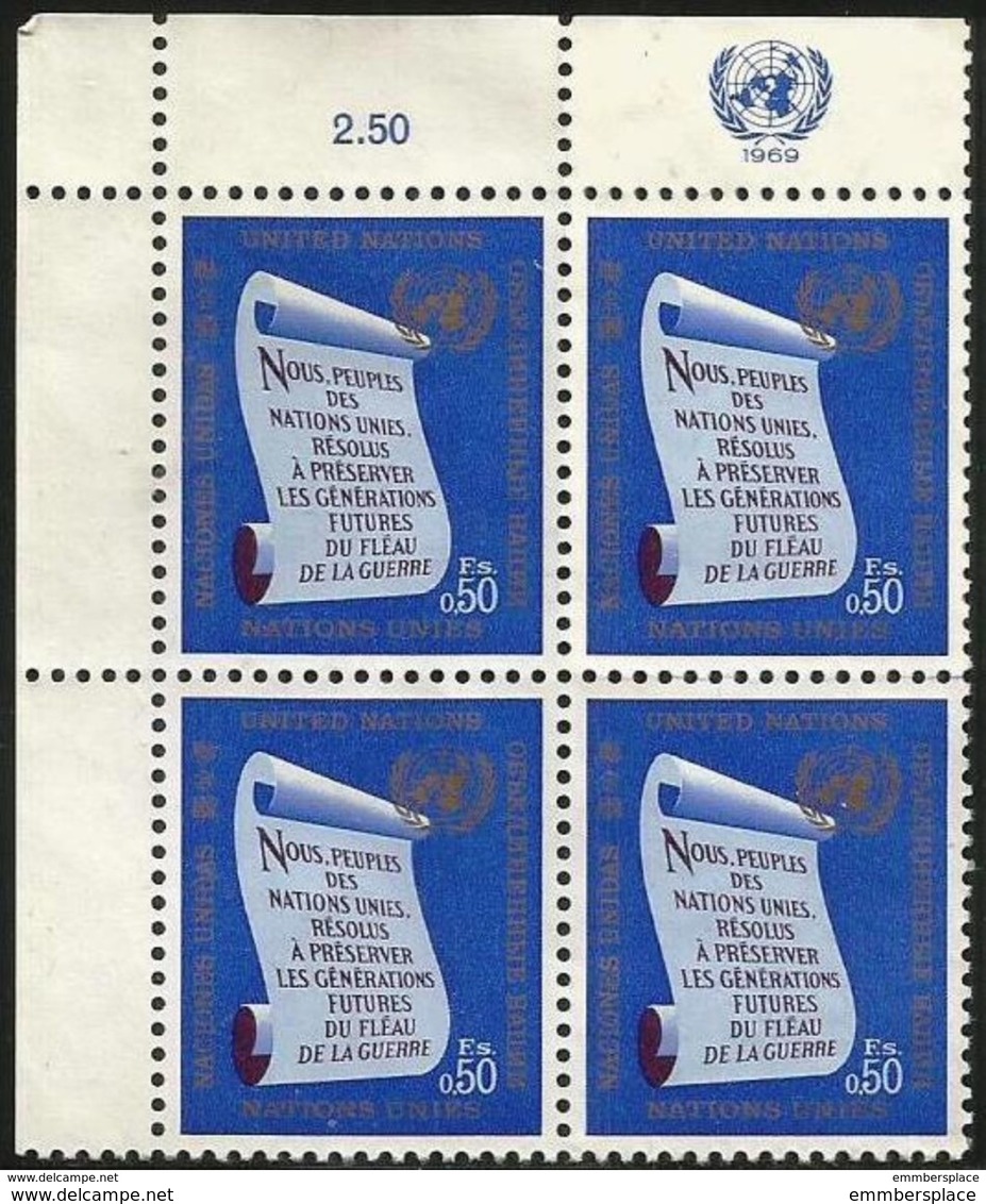 UN Geneva - 1969 UN Charter 50c Corner Margin Block Of 4 MNH **  Sc 5 - Unused Stamps