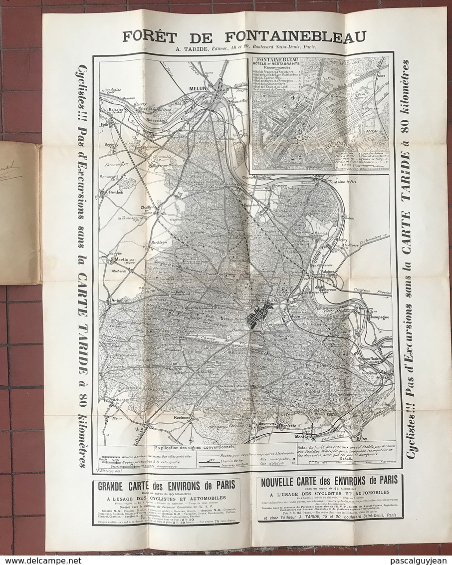 CARTE DE LA FORET DE FONTAINEBLEAU POUR PROMENEURS, CYCLISTES, AUTOMOBILES - TARIDE - Cartes Topographiques