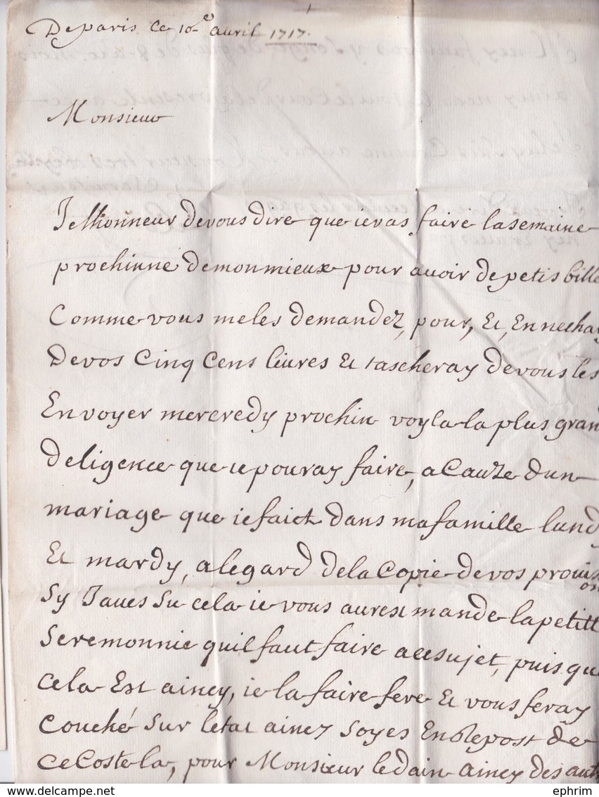 PLI LETTRE DE PARIS 1717 POUR MONSIEUR DUCHEMIN OFFICIER AU GRENIER A SEL DE FALAISE CALVADOS - 1701-1800: Précurseurs XVIII