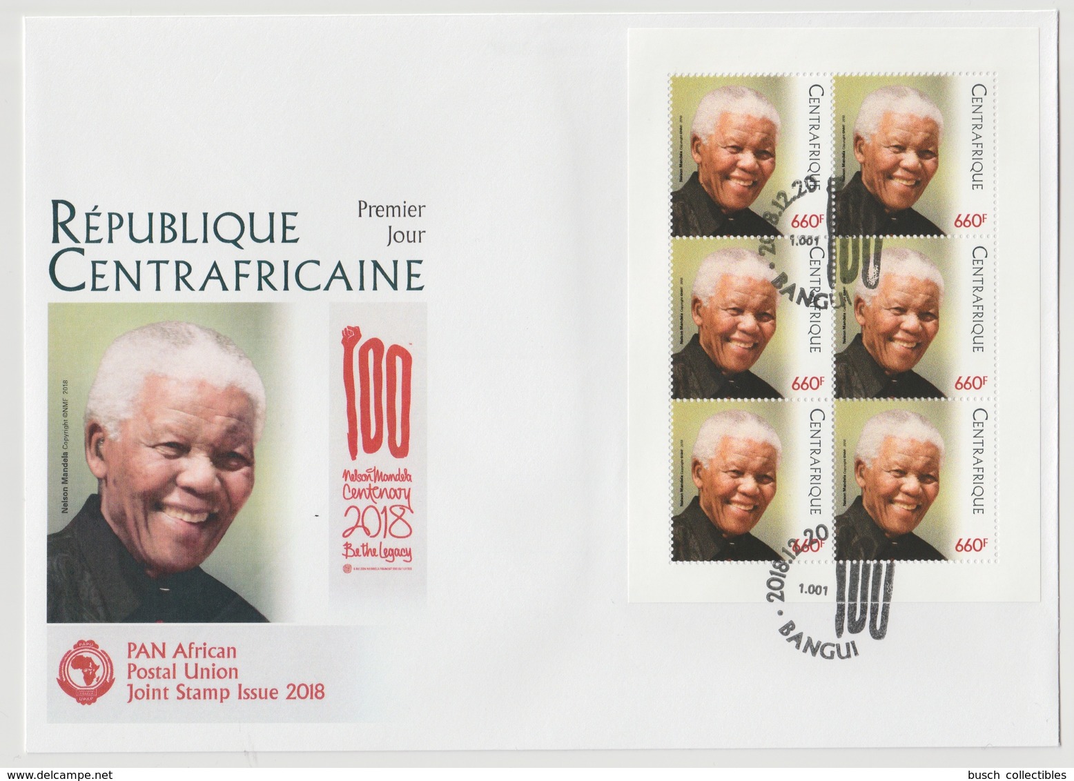 Centrafrique 2018 M/S FDC First Day Cover 1er Jour Joint Issue PAN African Postal Union Nelson Mandela Madiba 100 Years - Central African Republic