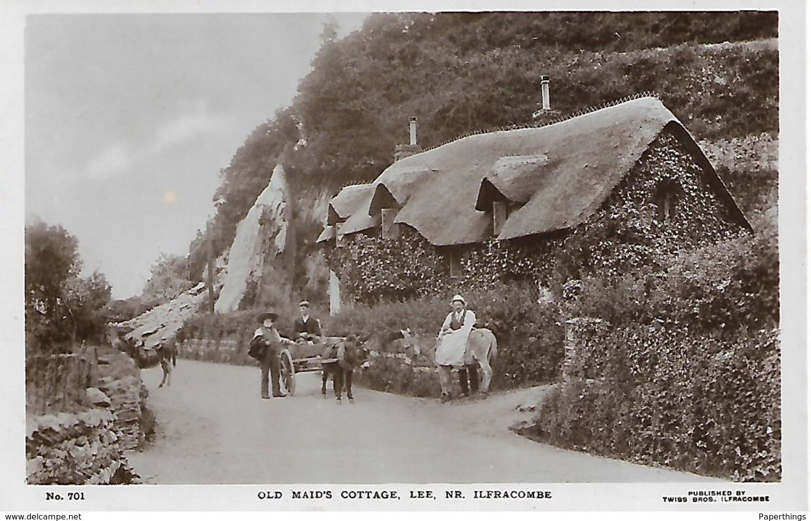 Photo Postcard, No. 701 Old Maids Cottage, Lee, Nr. Ilfracombe, Street, Donkey And Cart. - Ilfracombe