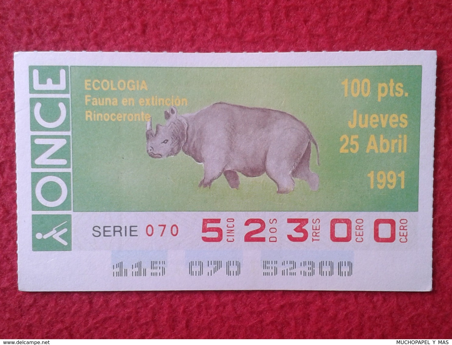 SPAIN DÉCIMO CUPÓN DE ONCE LOTERÍA LOTTERY LOTERIE RINOCERONTE RHINO RHINOCEROS RHINOS RHINOCEROSES FAUNA WILDLIFE 1991 - Billetes De Lotería