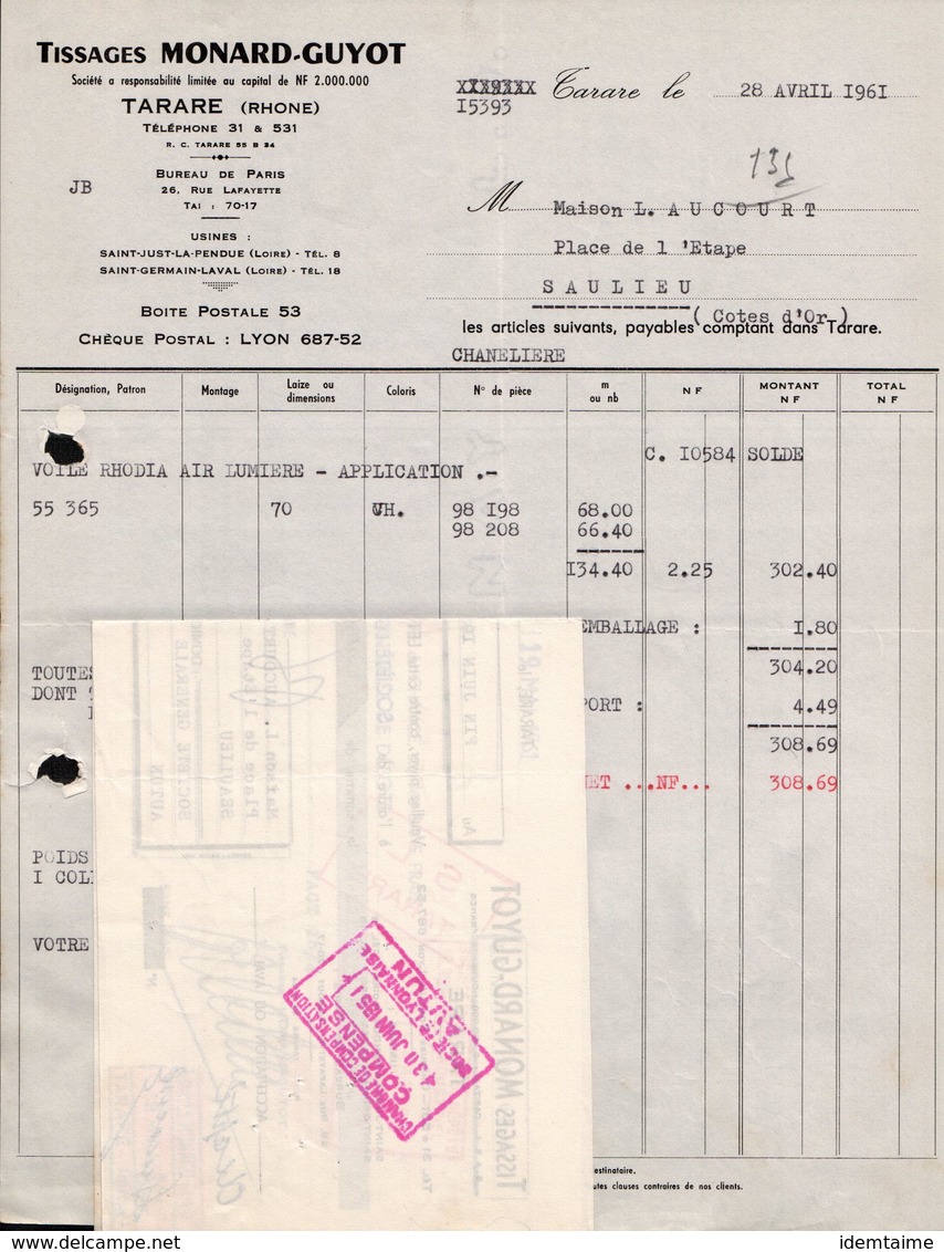 FACTURE SOCIETE MONARD-GUYOT + MANDAT - TARARE (RHONE) - TISSAGES - 28 AVRIL 1961 - 1950 - ...