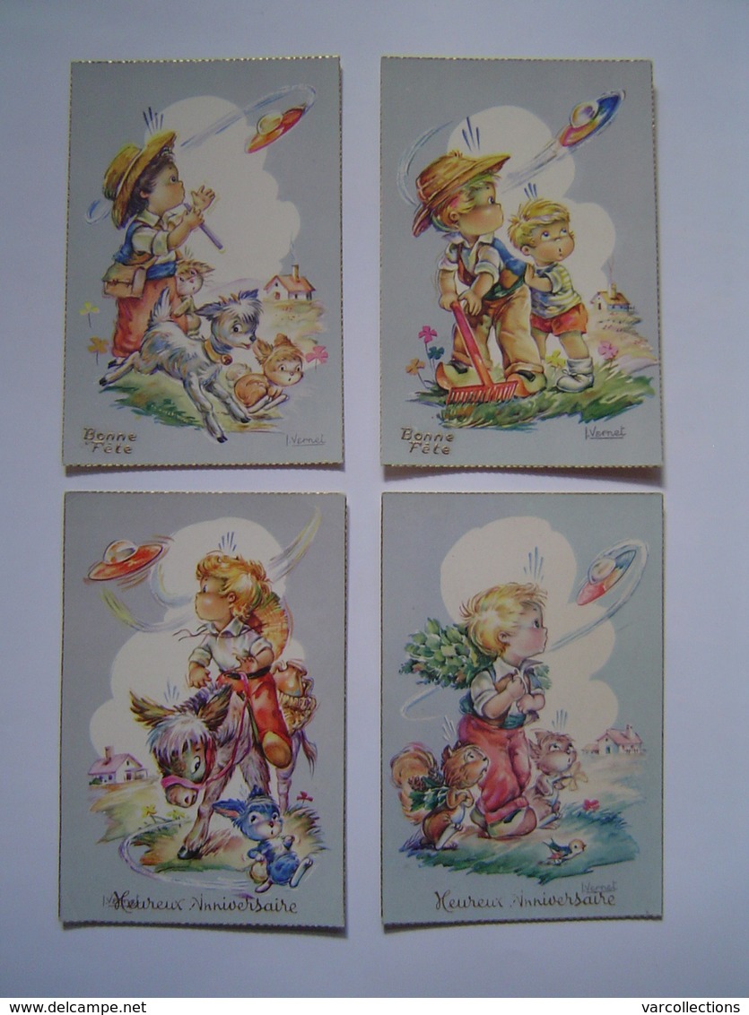 4 X CARTE POSTALE Ancienne : BONNE FETE / ANNIVERSAIRE / ENFANT / SOUCOUPE VOLANTE / Illustration VERNET - Autres & Non Classés