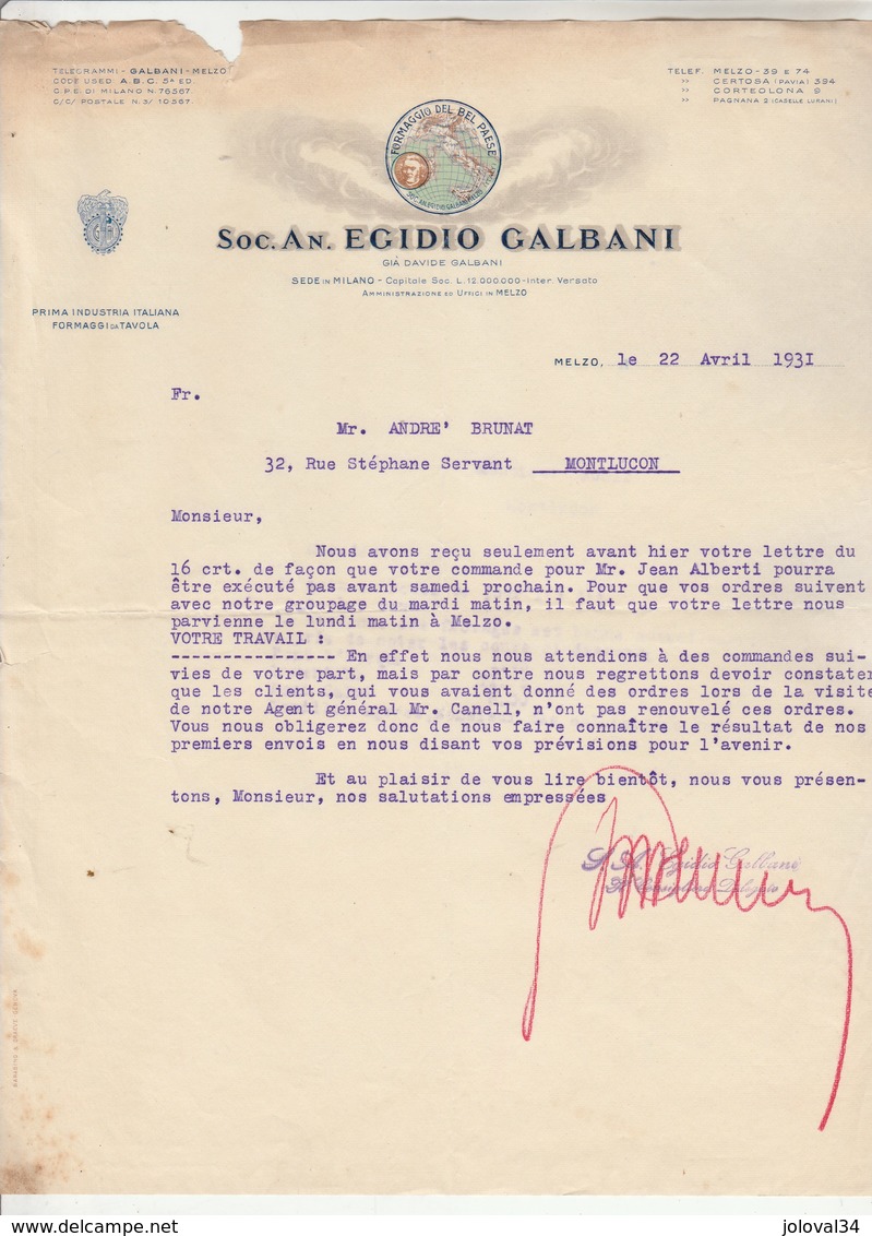 Italie Facture Lettre Illustrée 22/4/1931 Egidio Galbani Formaggio Del Bel Paese MELZO Pour Brunat Montluçon - Italie