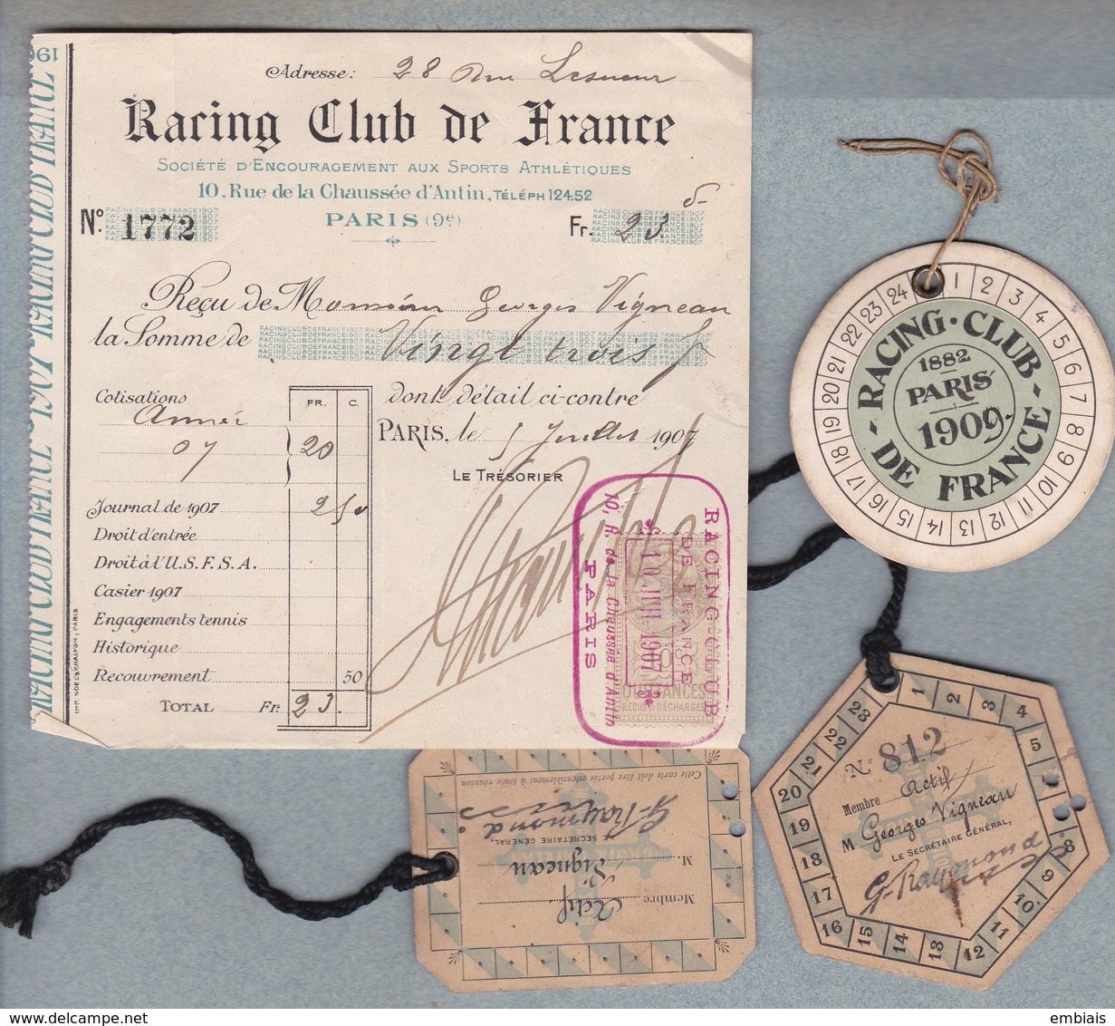 75- RACING- CLUB DE FRANCE Bois De Boulogne- Membre Actif,macarons 1901-1902-1909- Reçu Cotisations 1907. - Athlétisme