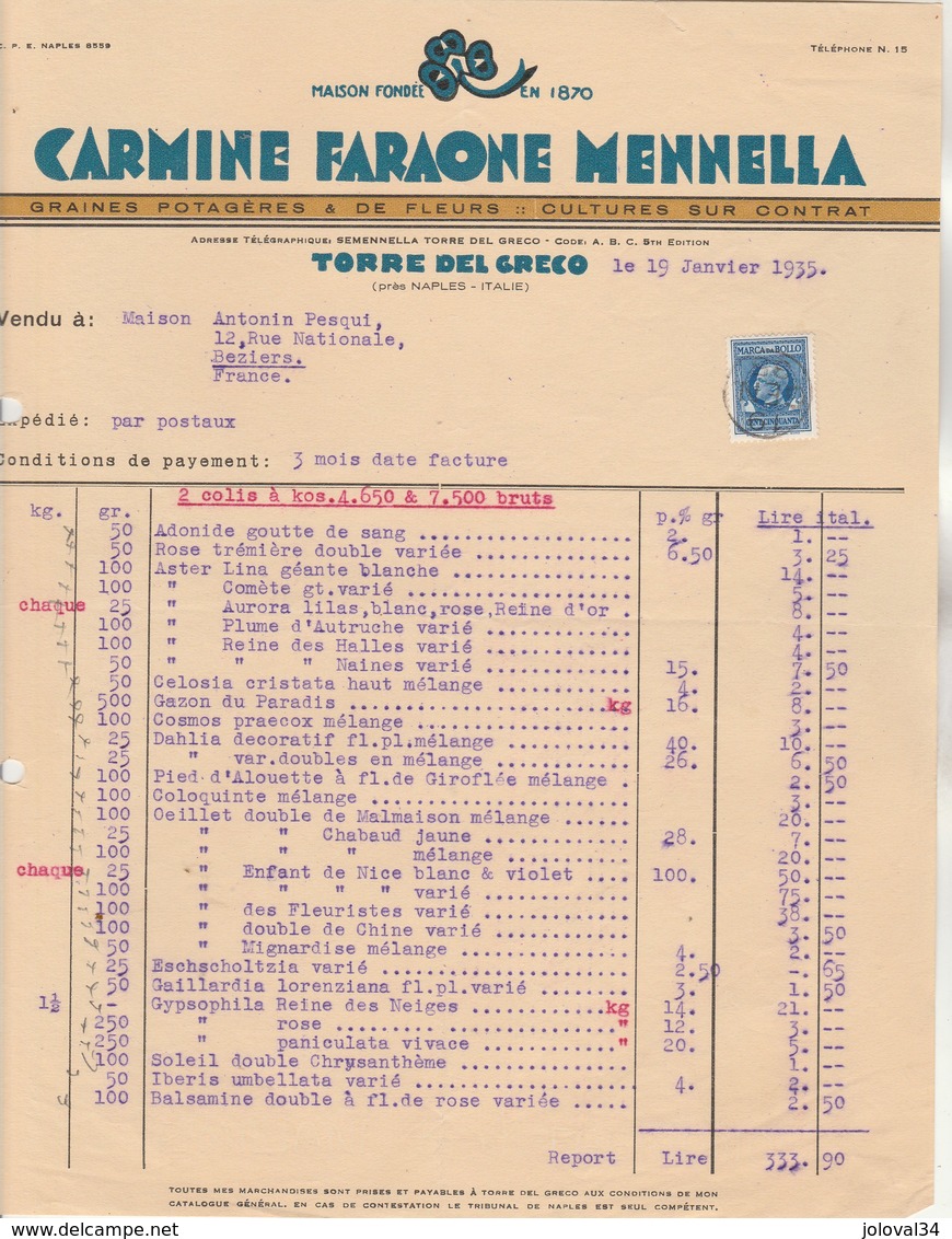 Italie Facture Illustrée 1935 Carmine Faraone Mennella Graines Potagères Fleurs TORRE Del GRECO Naples Timbre Fiscal - Italien