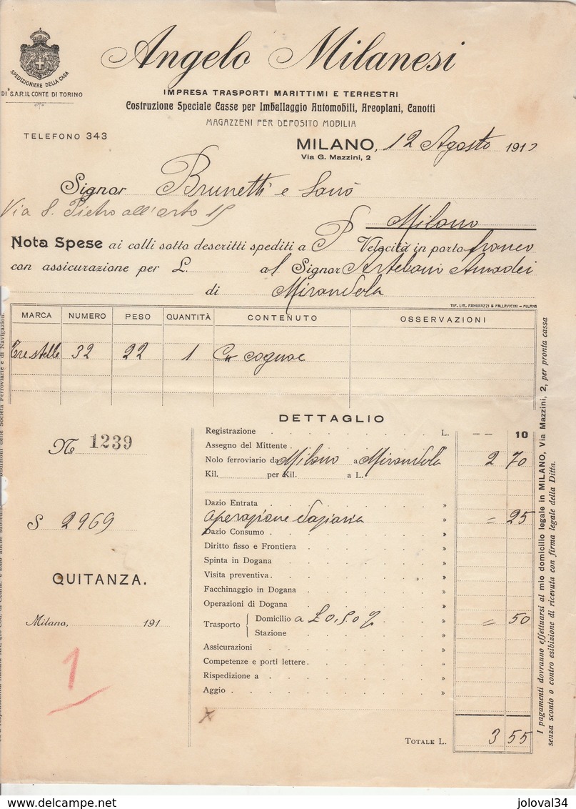 Italie Facture Illustrée 12/8/1912 ANGELO MILANESI Trasporti Marittimui E Terrestri MILANO - Italie