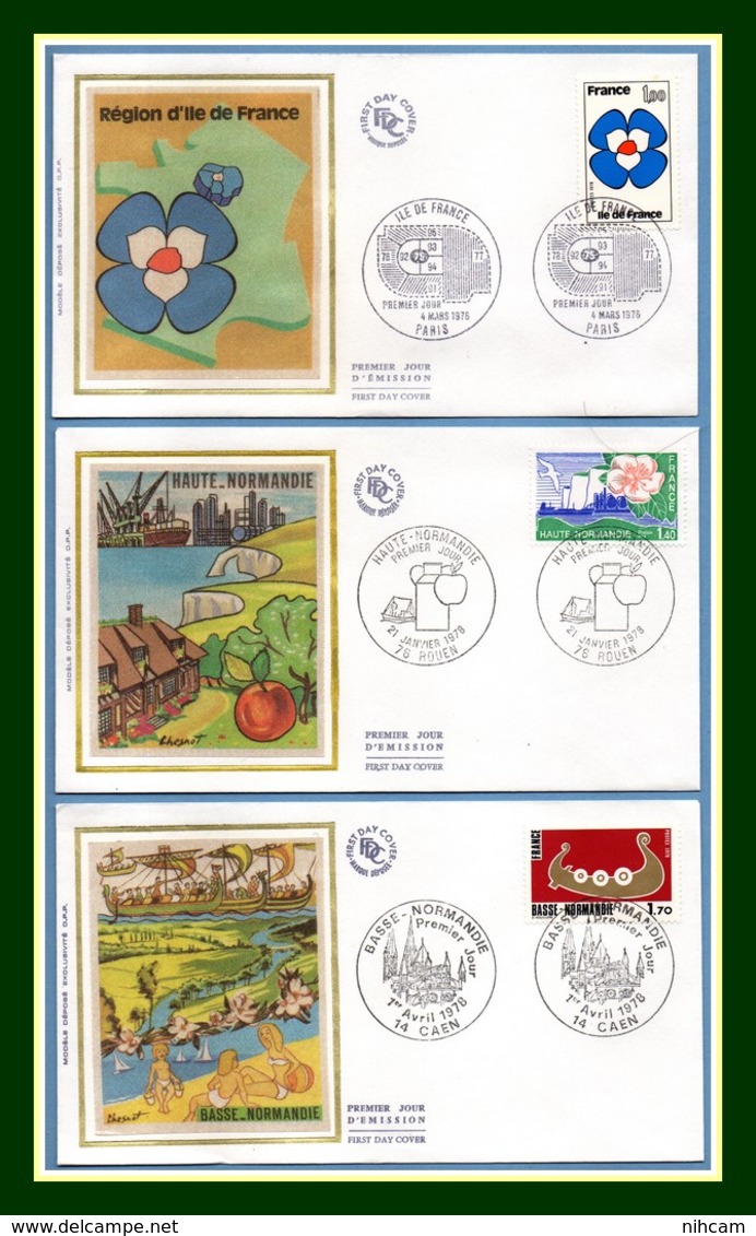 FDC Silk Soie Régions 1978 N° 1991 à 1993 Complet Paris + Caen + Rouen - 1970-1979