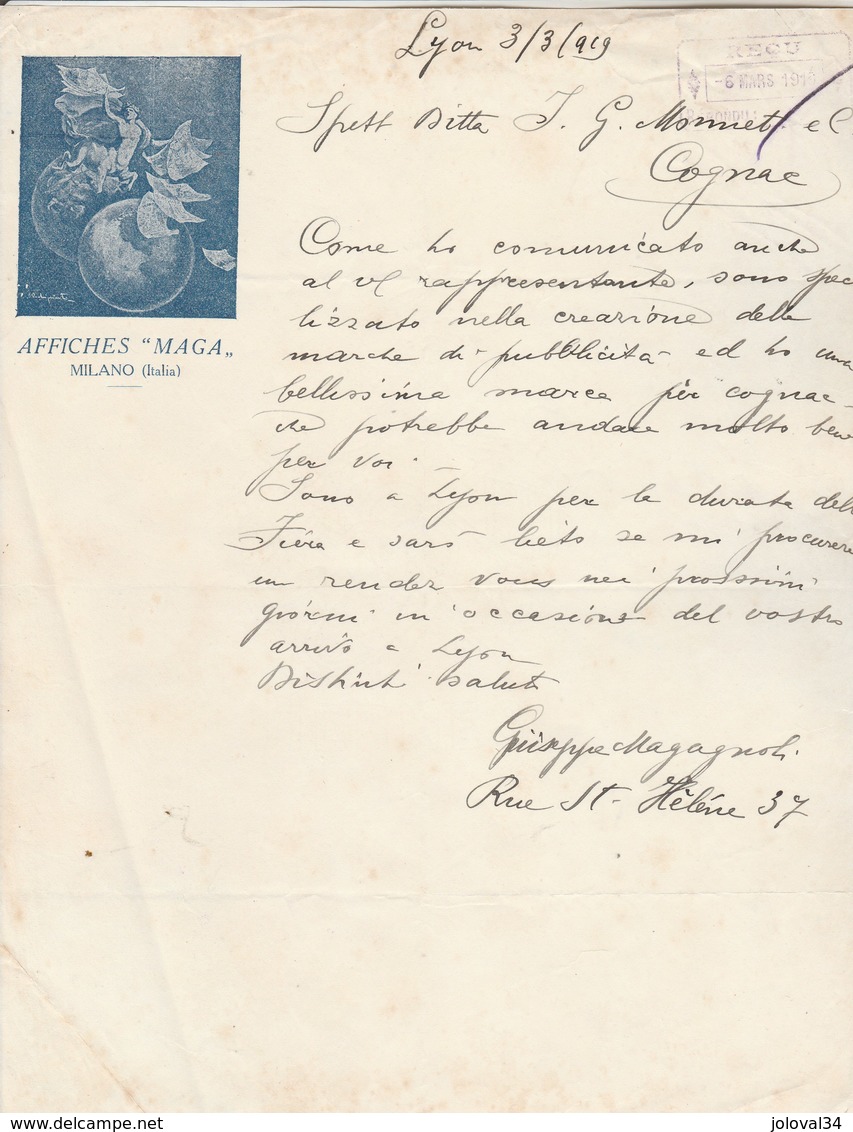 Italie  Lettre Illustrée 3/3/1919 Signée Giuseppe MAGAGNOLI Affiches MAGA MILANO - Italie