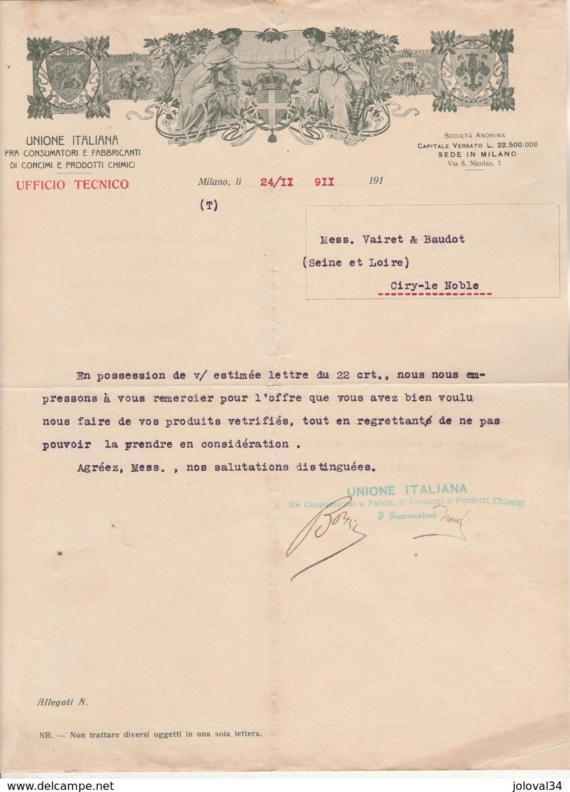 Italie  Lettre Facture Illustrée Style Arts Déco 24/11/1911 Unione Italiana Consumatori Concimi Prodotti Chimici MILANO - Italie