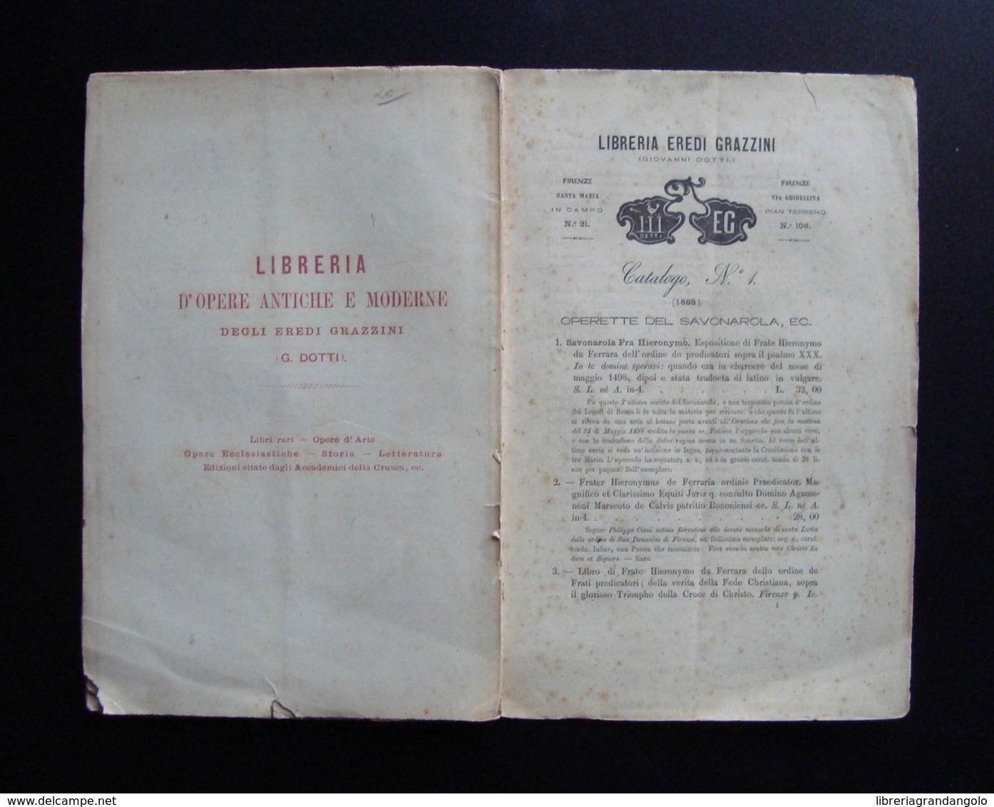 CATALOGO LIBRARIO N.1 1868 EREDI GRAZZINI FIRENZE SAVONAROLA LIBRI RARI CURIOSI - Non Classificati