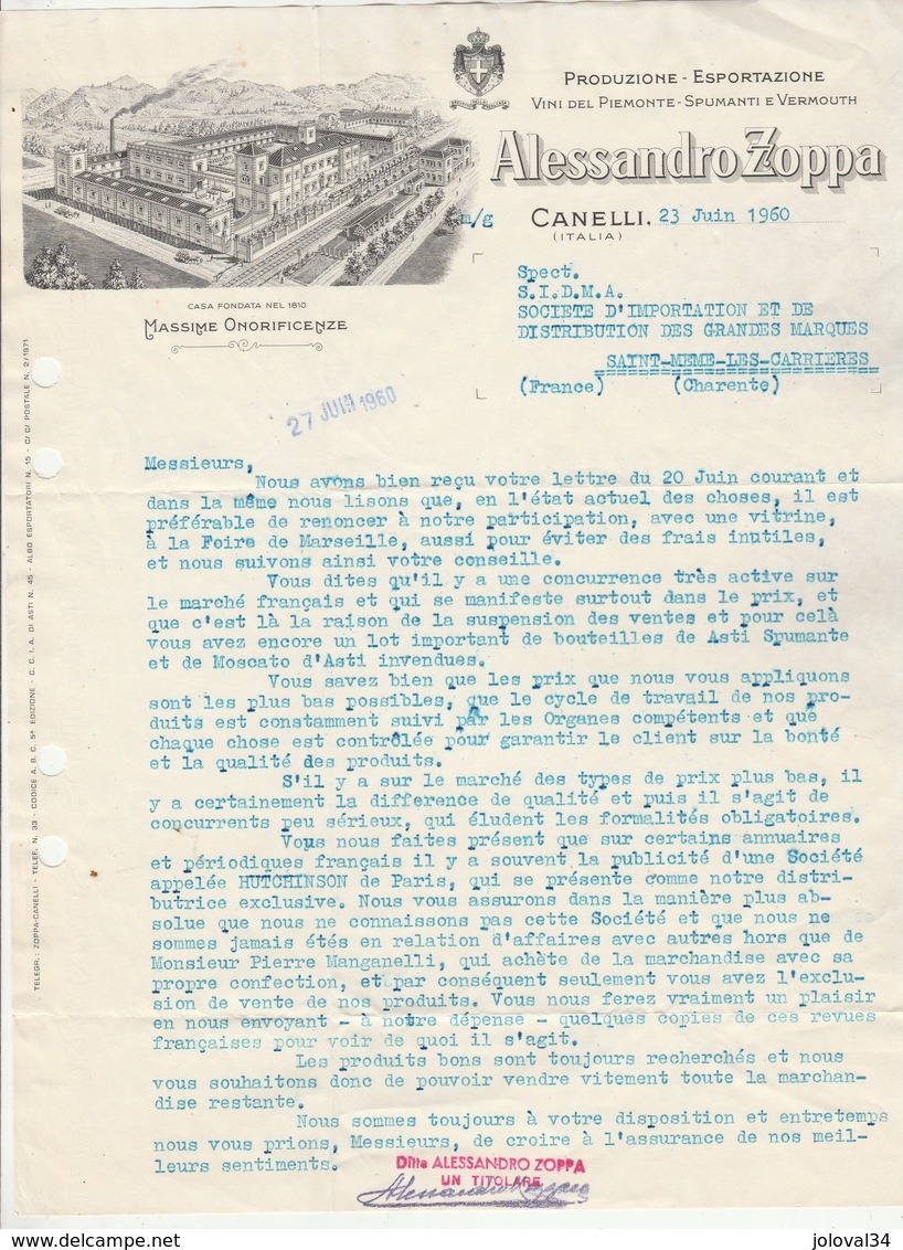 Italie Facture Lettre Illustrée 23/6/1960 Alessandro ZOPPA Vini Del Piemonte Spumanti E Vermouth CANELLI - Italie