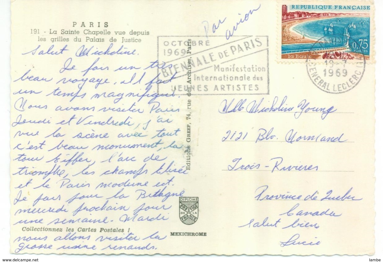 0.75 Francs Seul Sur Lettre  19/07/1969 Vers Le CANADA Sur Carte Postale - Flamme Biennale De Paris - 1961-....