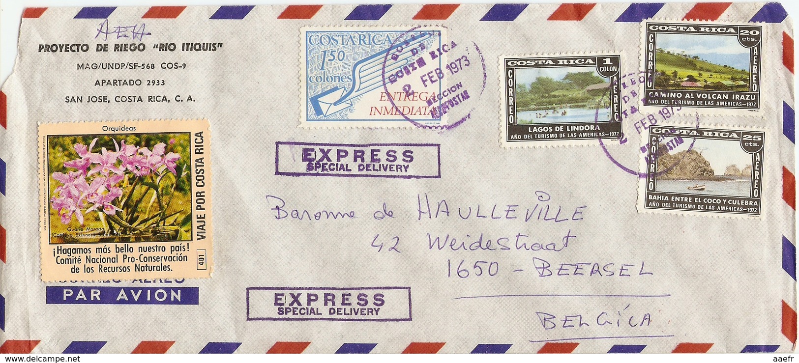 Costa Rica 1973 - Lettre PA Express/Special Delivery De San José à  Beersel, Belgique - Affranchissement Composé Pa - Costa Rica