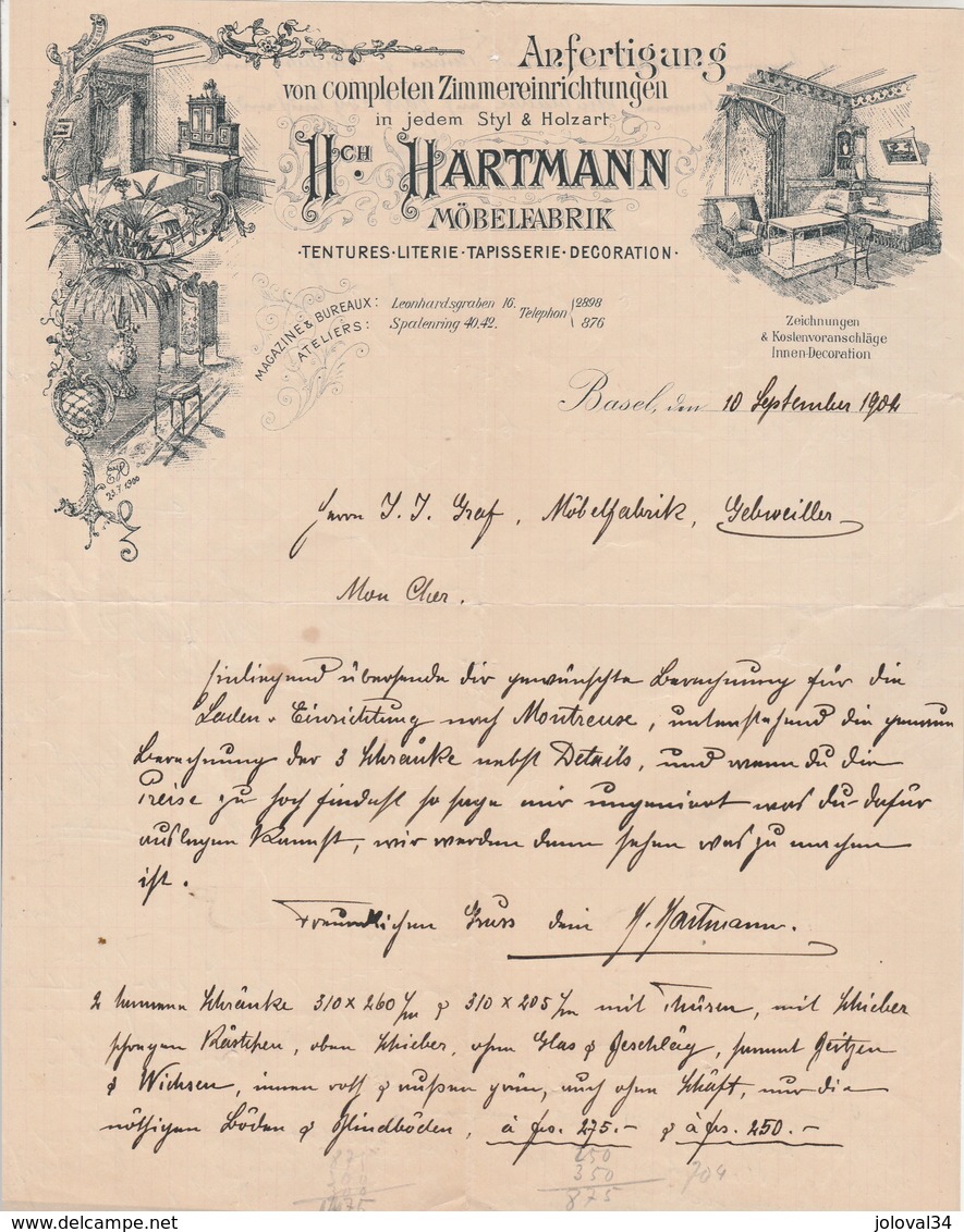 Suisse Facture Lettre Illustrée 10/9/1904 HARTMANN Tentures Literie Tapisserie Décoration BASEL ( Bâle ) - Suisse