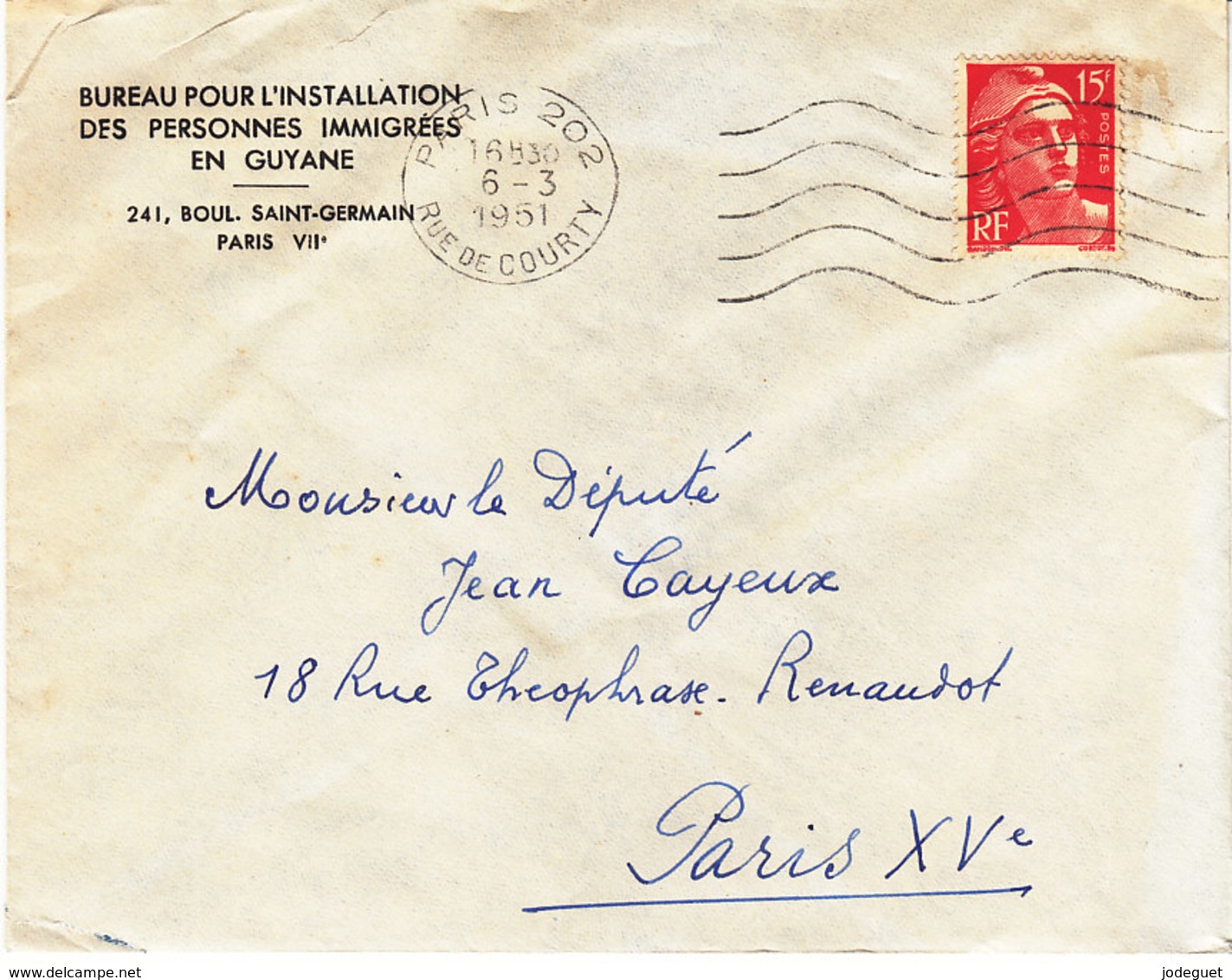 Lettre à En-tête Du Bureau Pour L'installation Des Personnes Immigrées En Guyane Du 6/3/1951 - 1921-1960: Période Moderne